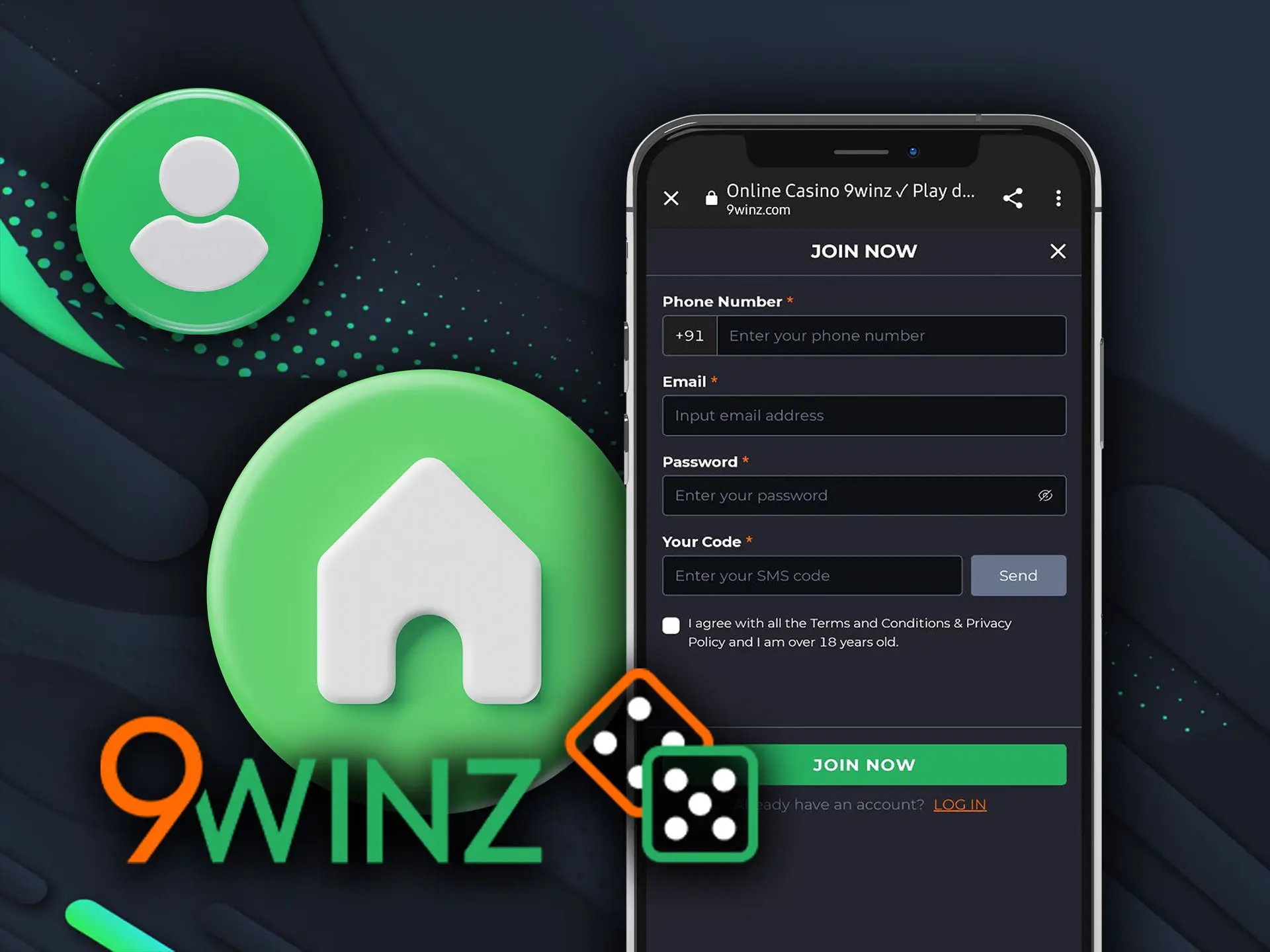 Register at 9winz app Casino using web version.