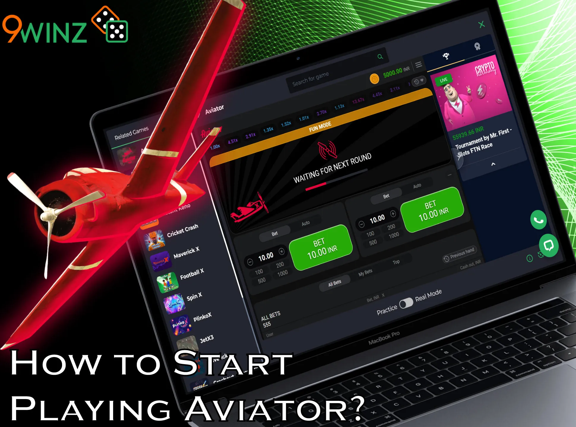 Create an account on 9winz, top it up and go to the casino section to start playing Aviator.