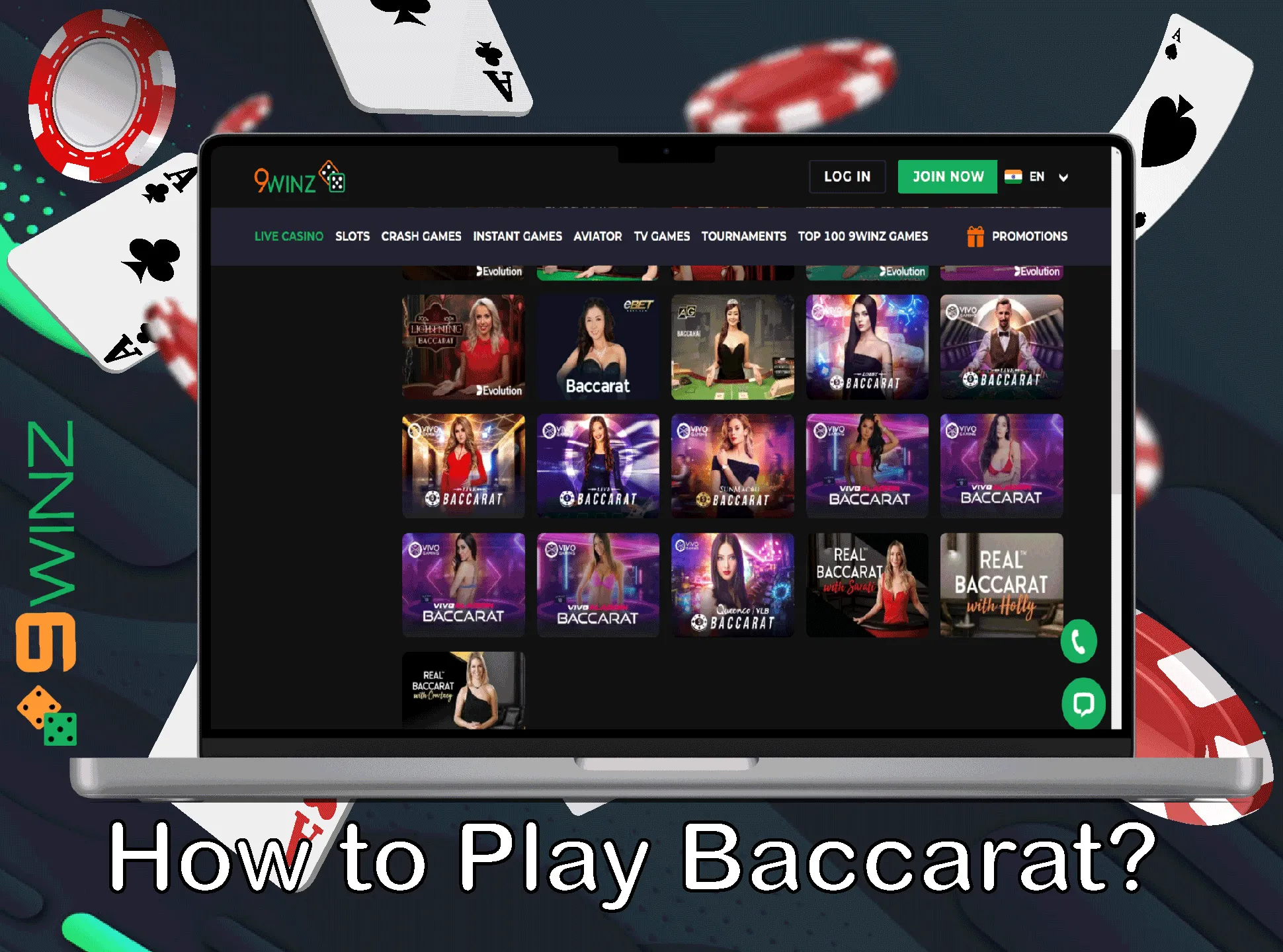 Learn how to play baccarat on the special 9winz page.