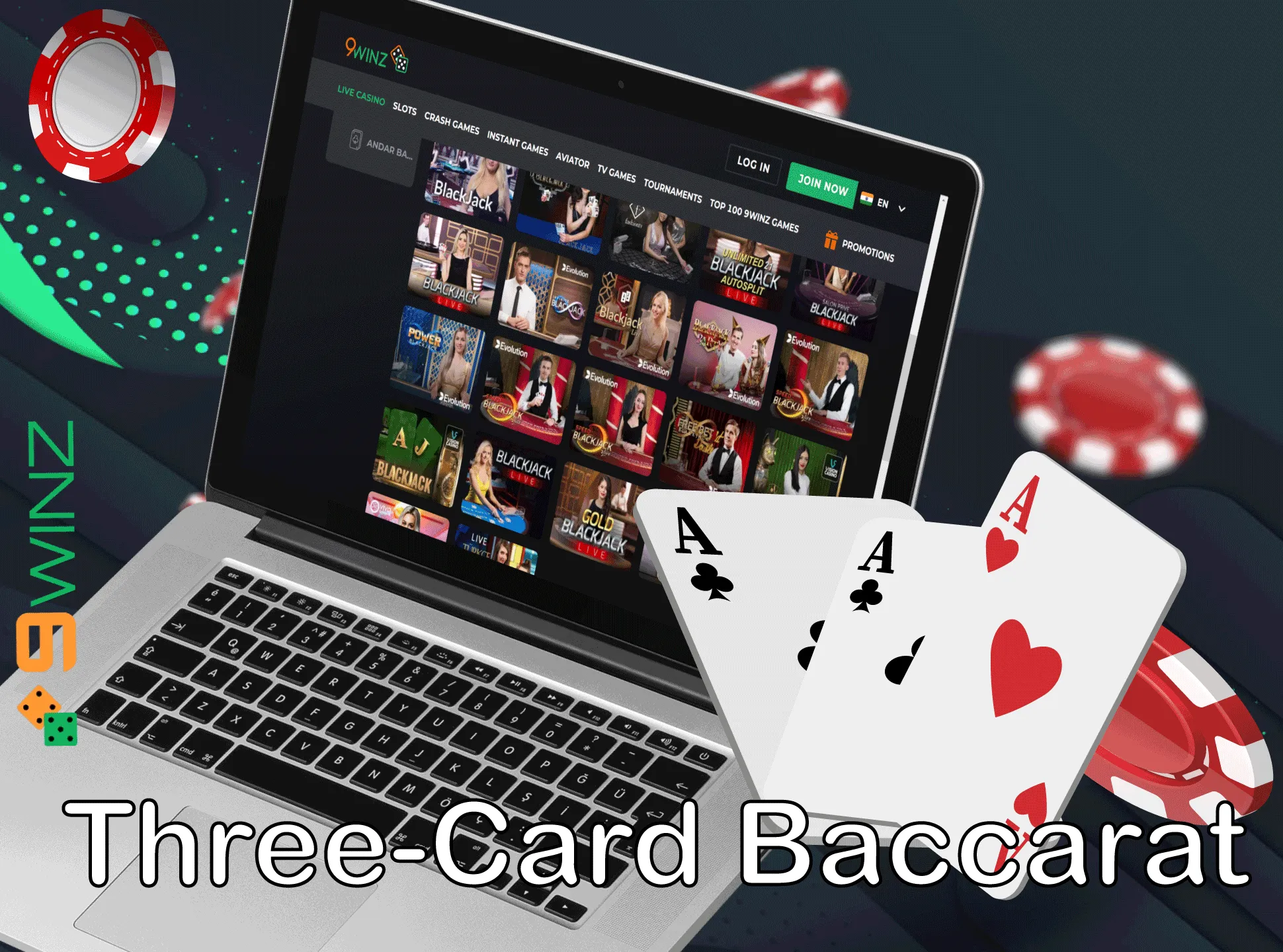 Play exotic three card version of baccarat at the 9winz casino.