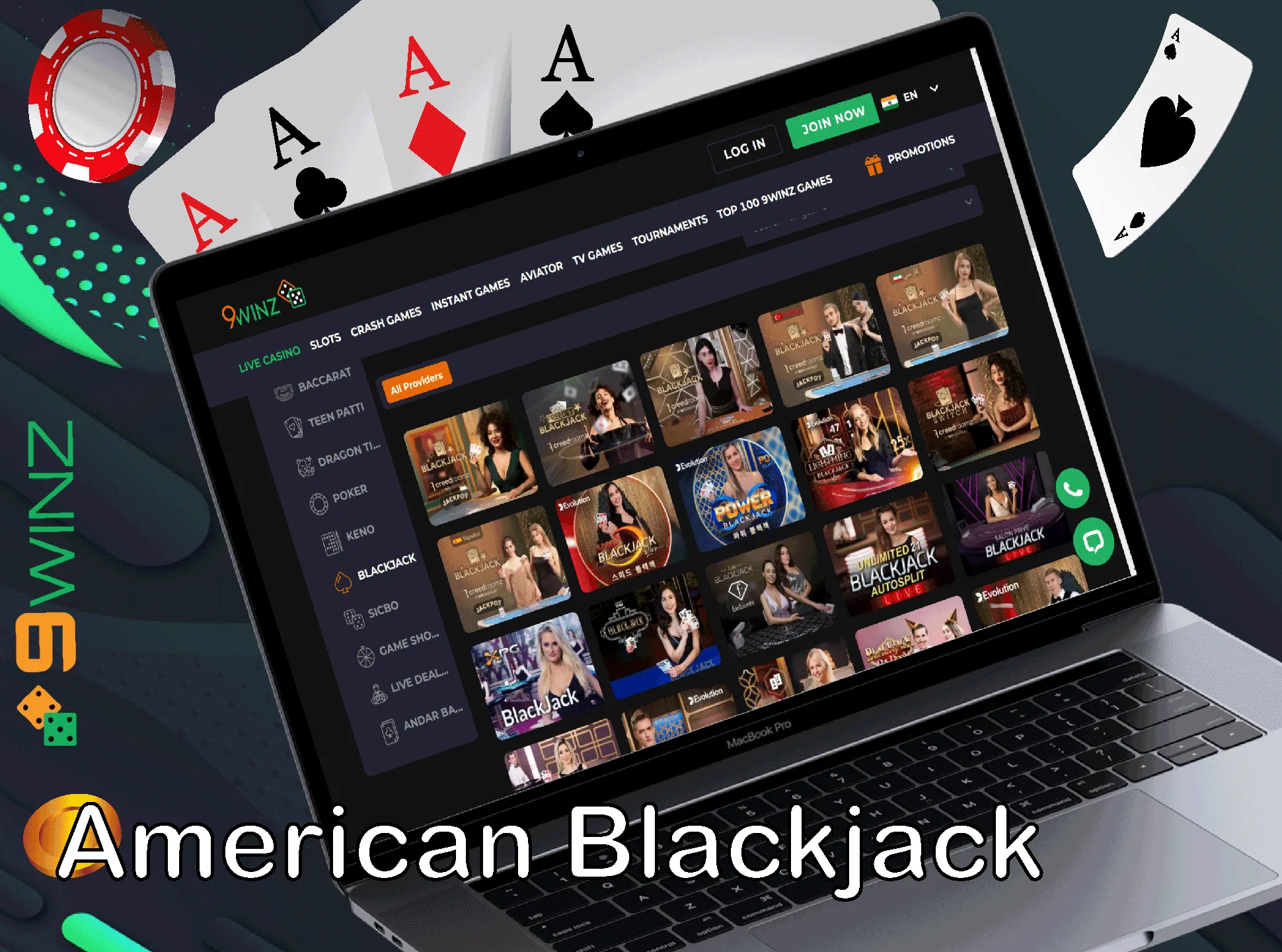 Play american verison of blackjack at the 9winz casino.