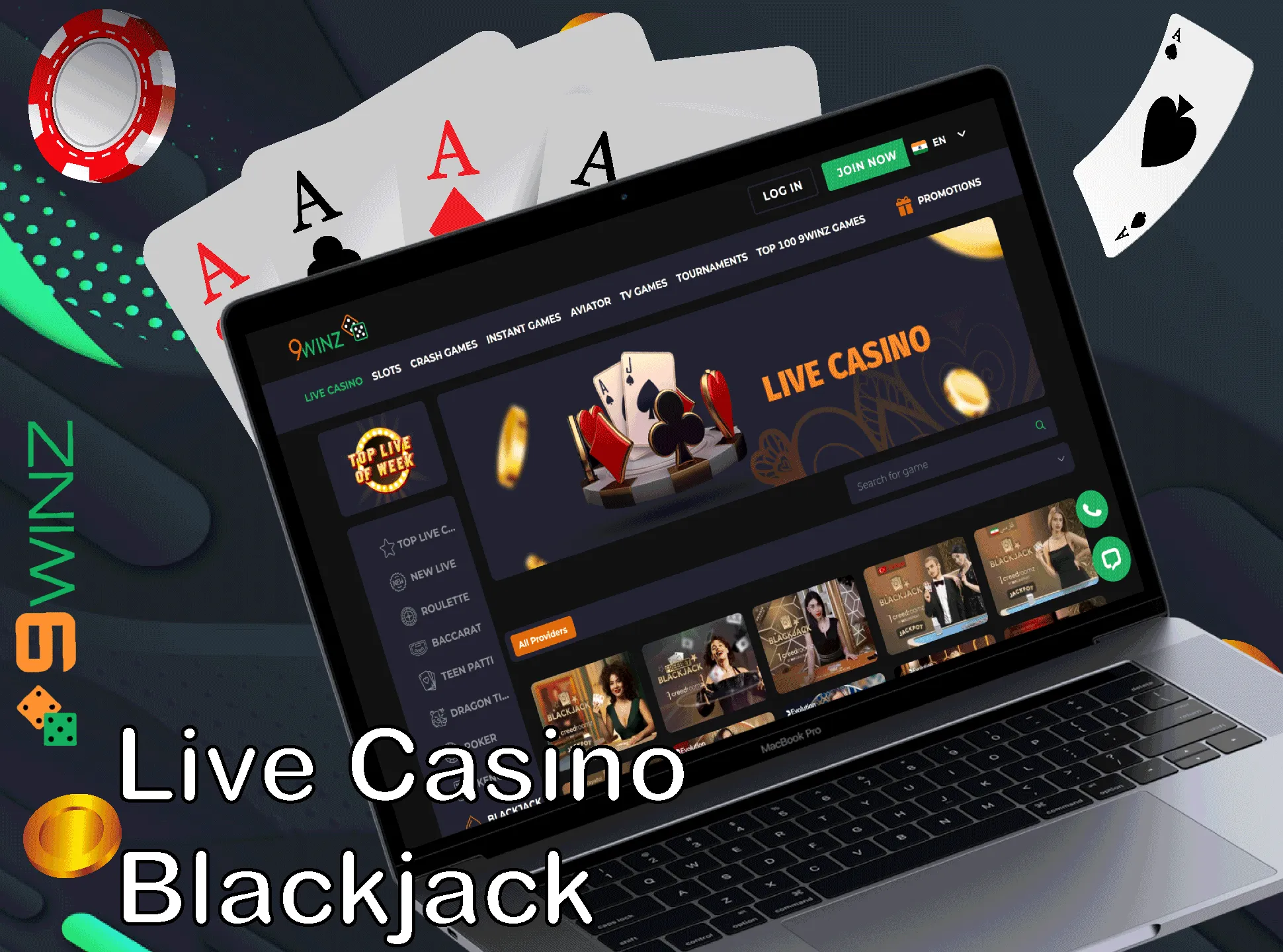Play blackjack in live format with real people at the 9winz casino.