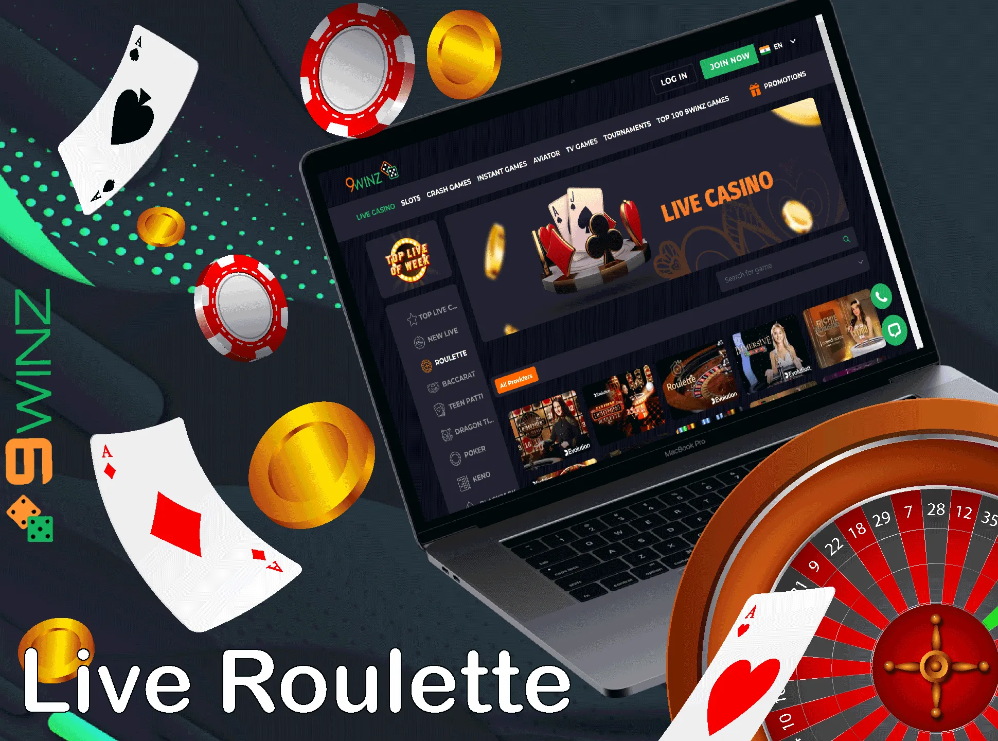 Play live roulette with dealers at the 9winz casino.