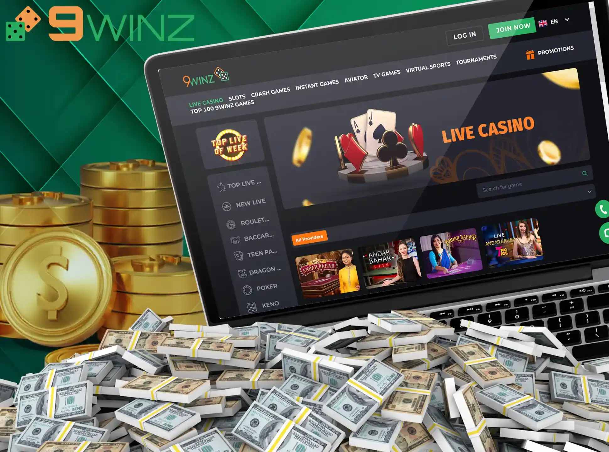 Registrate and join the game at the 9Winz casino.