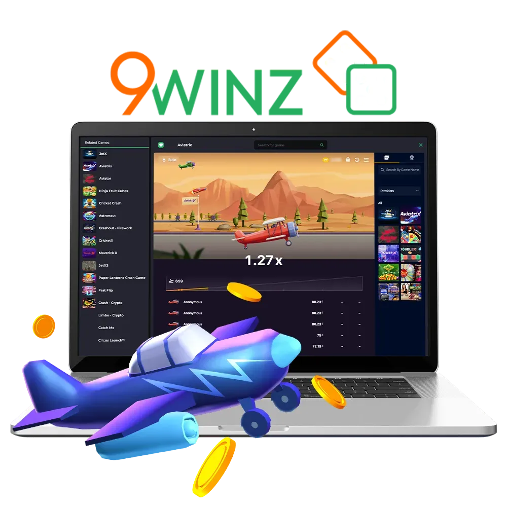 The Aviatrix game is very popular among users at 9Winz Casino, available on the website and via the mobile app.