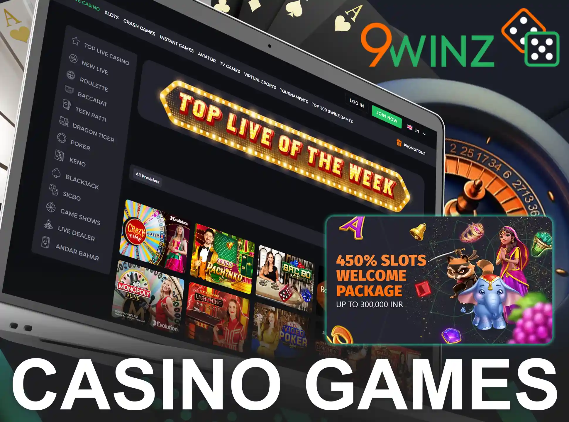 Play at 9Winz Casino online and choose a 450% welcome bonus of up to INR 300,000.