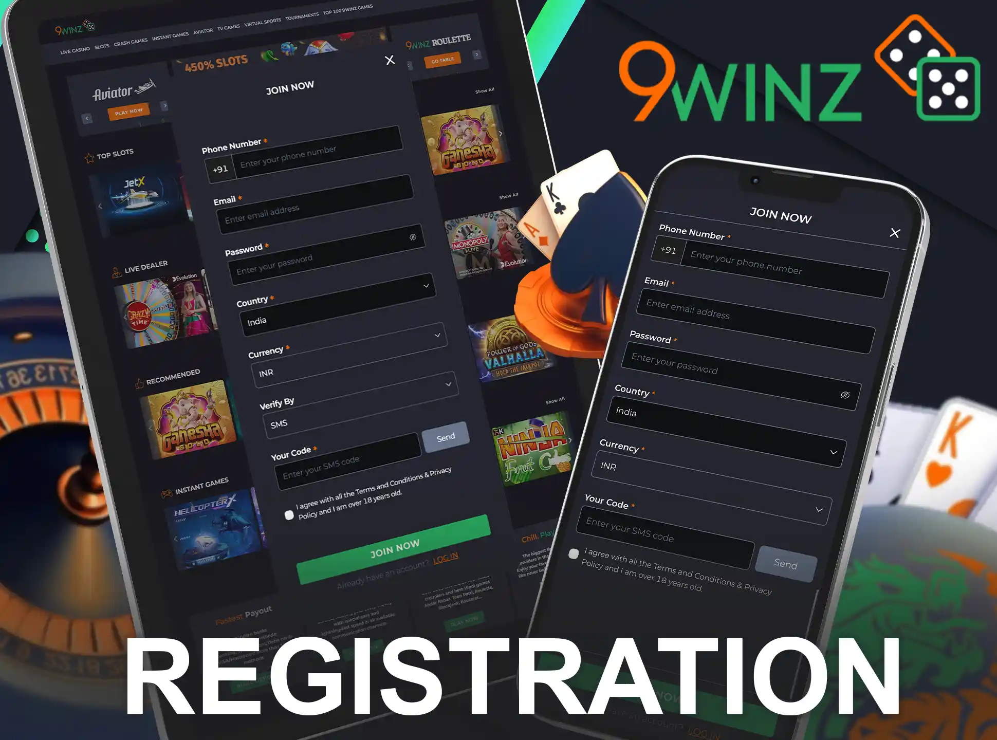 To start playing at 9winz casino open the official site and fill out the registration form.