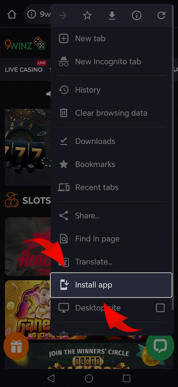 In the list that opens, select the install button for the 9Winz app.